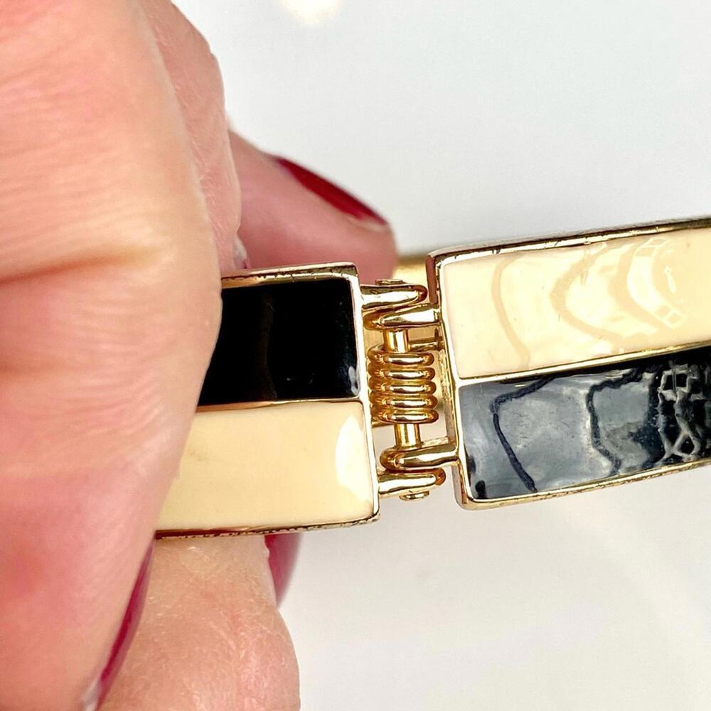 Black Enamel Gold Tone Hinged Bangle Designer Style Chic - Picture 4 of 6
